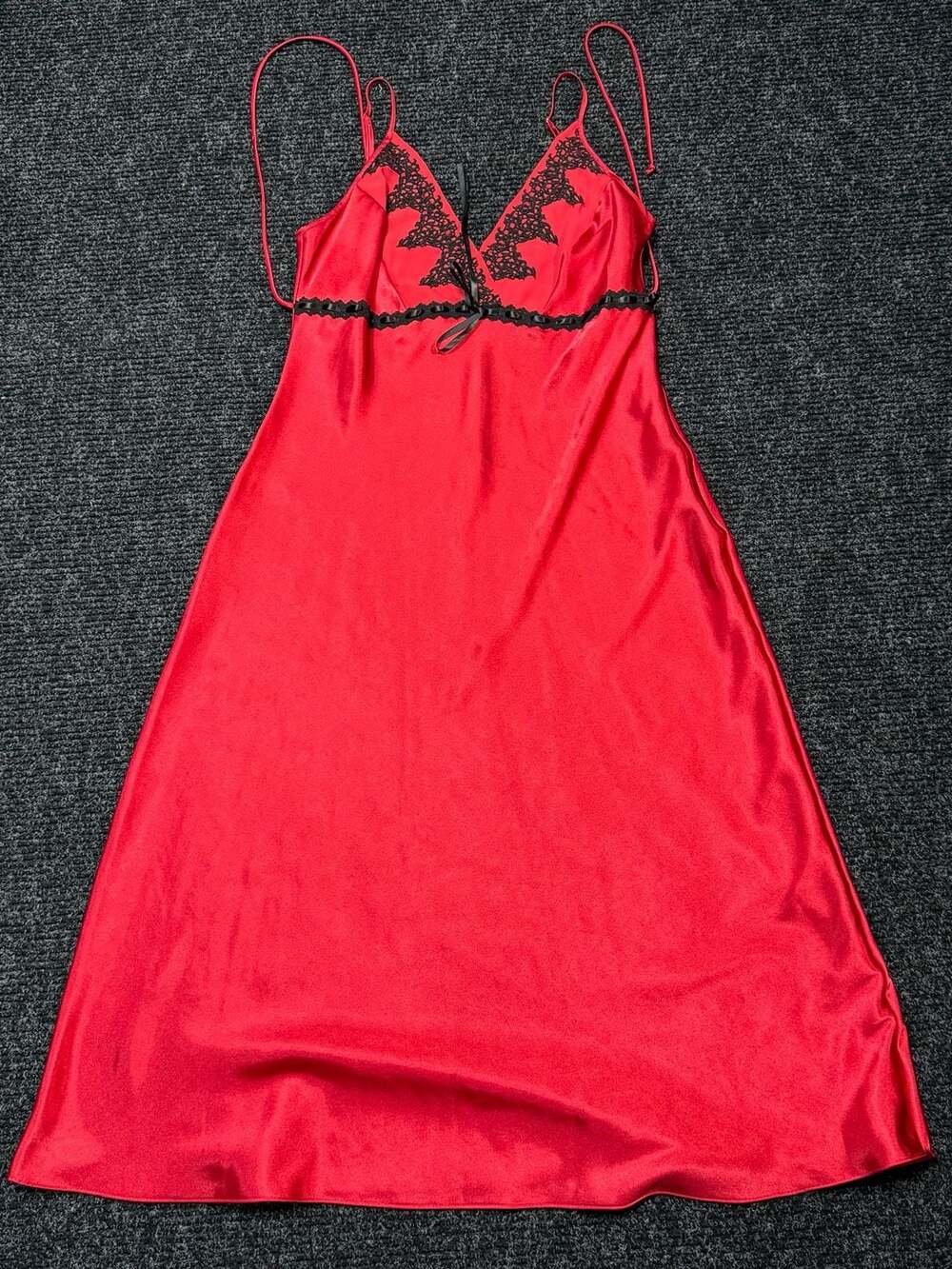 Delicates Womens Red Satin Slip Dress with Black Lace Trim and Bow Size Medium W